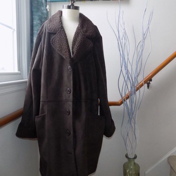 DENIM & CO Dark Brown Ladies Suede and Sherpa Lined Coat Women's Size XL-XXL - Picture 2 of 6